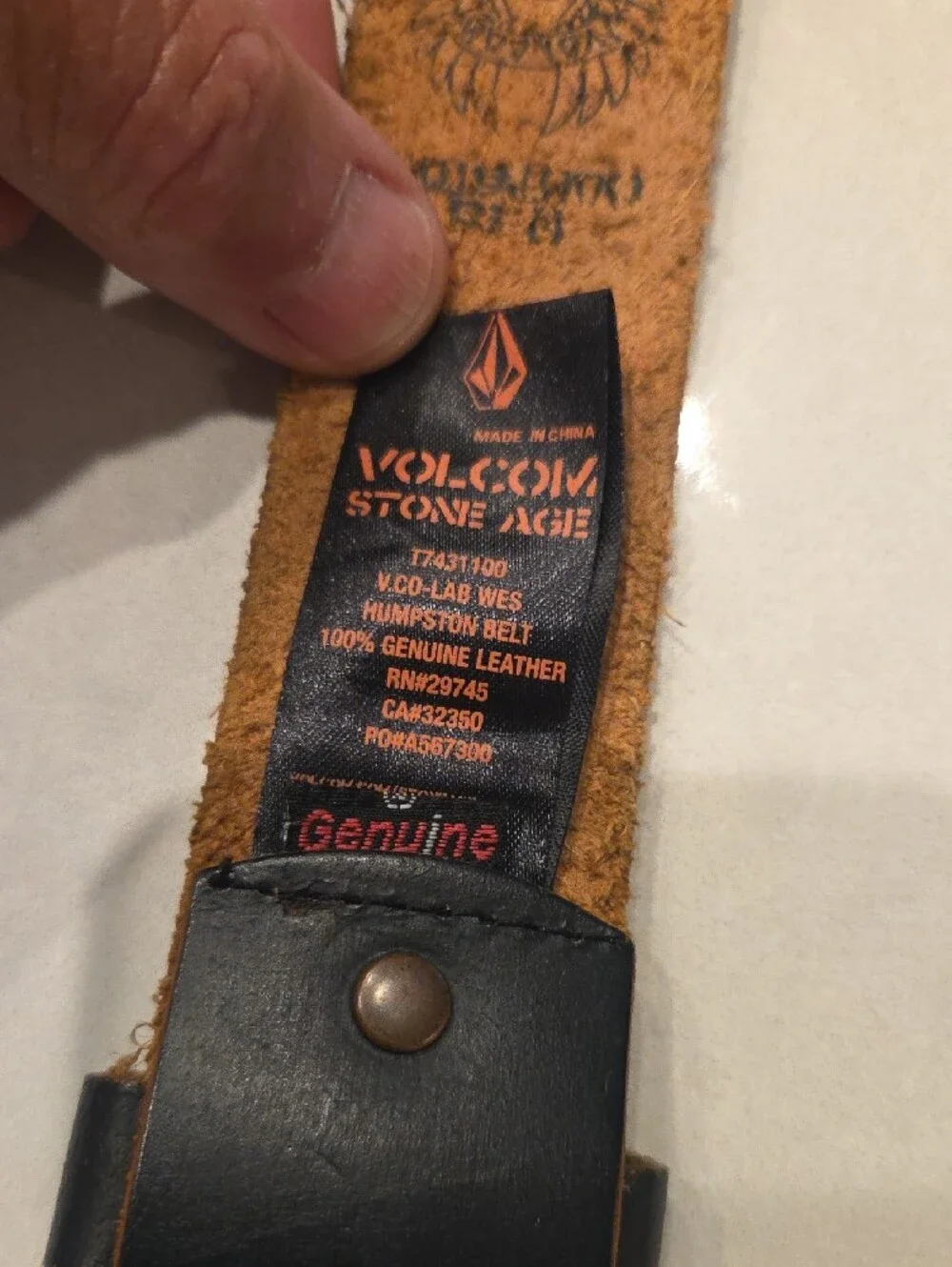 Volcom Black Leather Belt with Yellow Logo and Orange Wing Accents